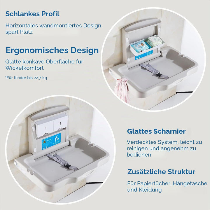Wickeltisch für Babys, Wandmontiert Klappbarer Wickeleinheit,Wickelstation mit Sicherheitsgurt und T