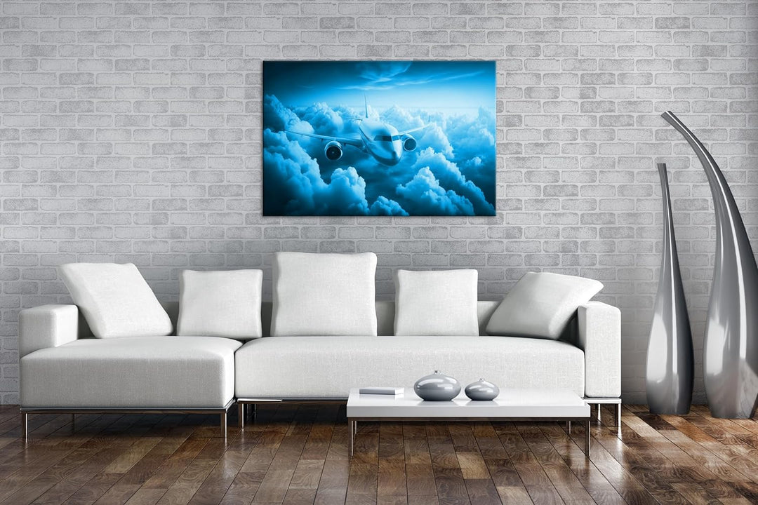 deyoli Flugzeug beim Sonnenaufgang Format 80x60 Effekt: Monocrome Blau als Leinwandbild, Motiv ferti