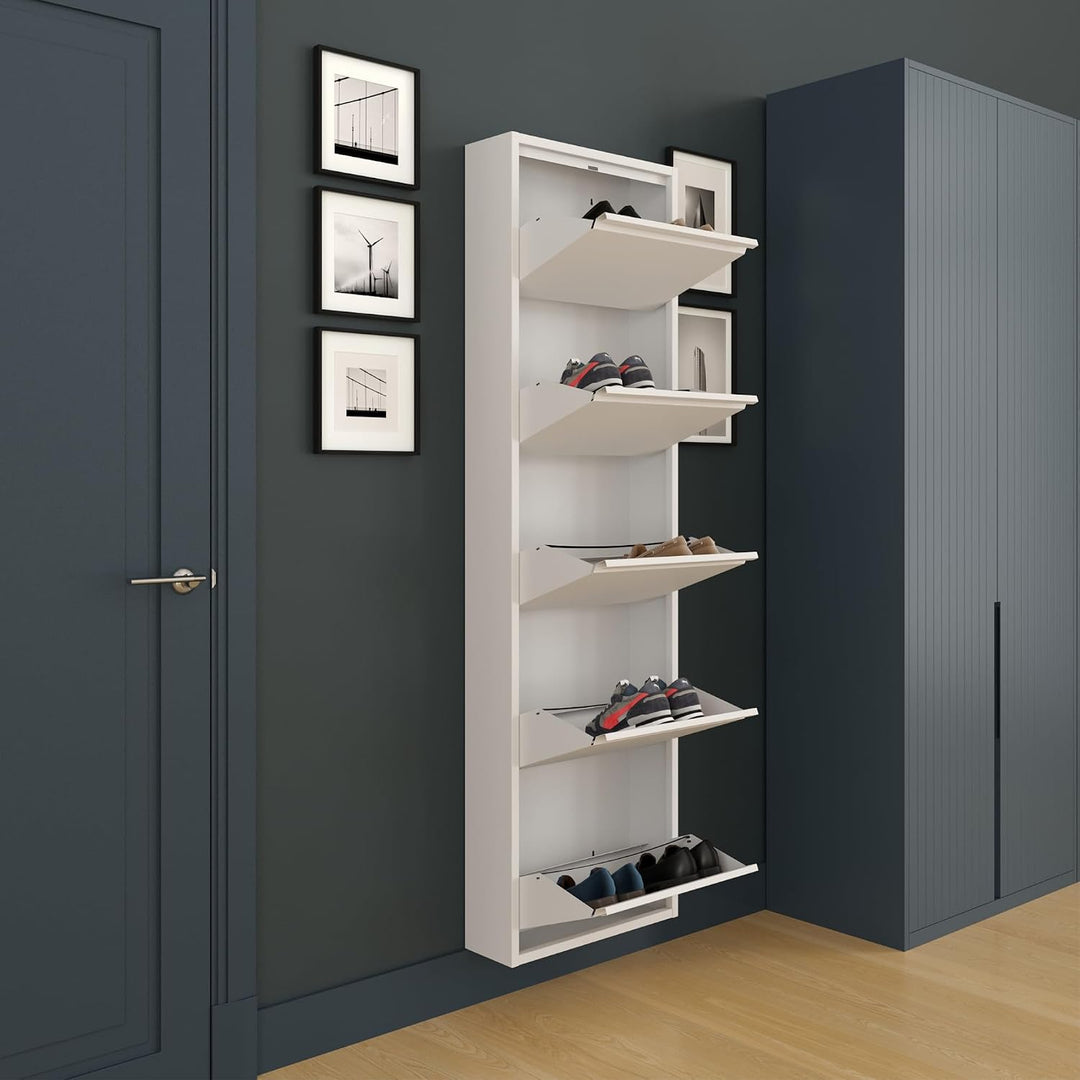 furni24 Schuhschrank, 5 Klappen, Metall, 10–14 Paar, wandmontierbar, vormontiert – Weiss 5 Klappen W