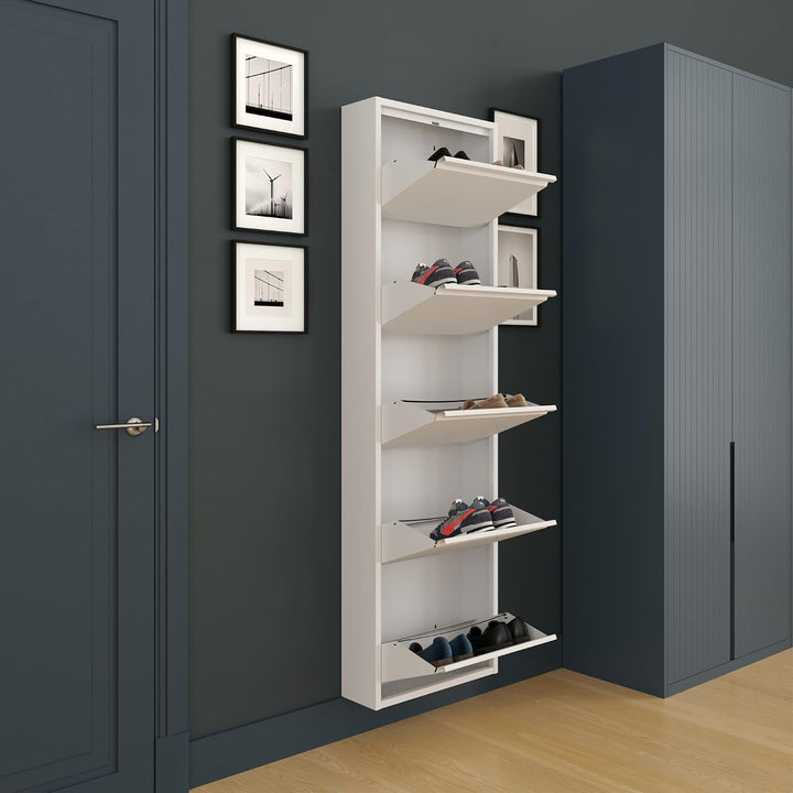 furni24 Schuhschrank, 5 Klappen, Metall, 10–14 Paar, wandmontierbar, vormontiert – Weiss 5 Klappen W