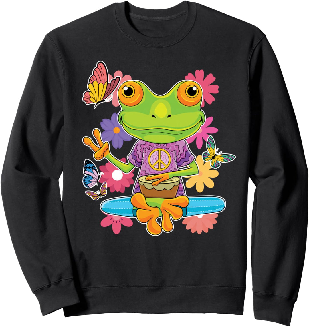 Frieden Handzeichen Hippie Retro Trippy bunte Frosch 60er 70 Sweatshirt