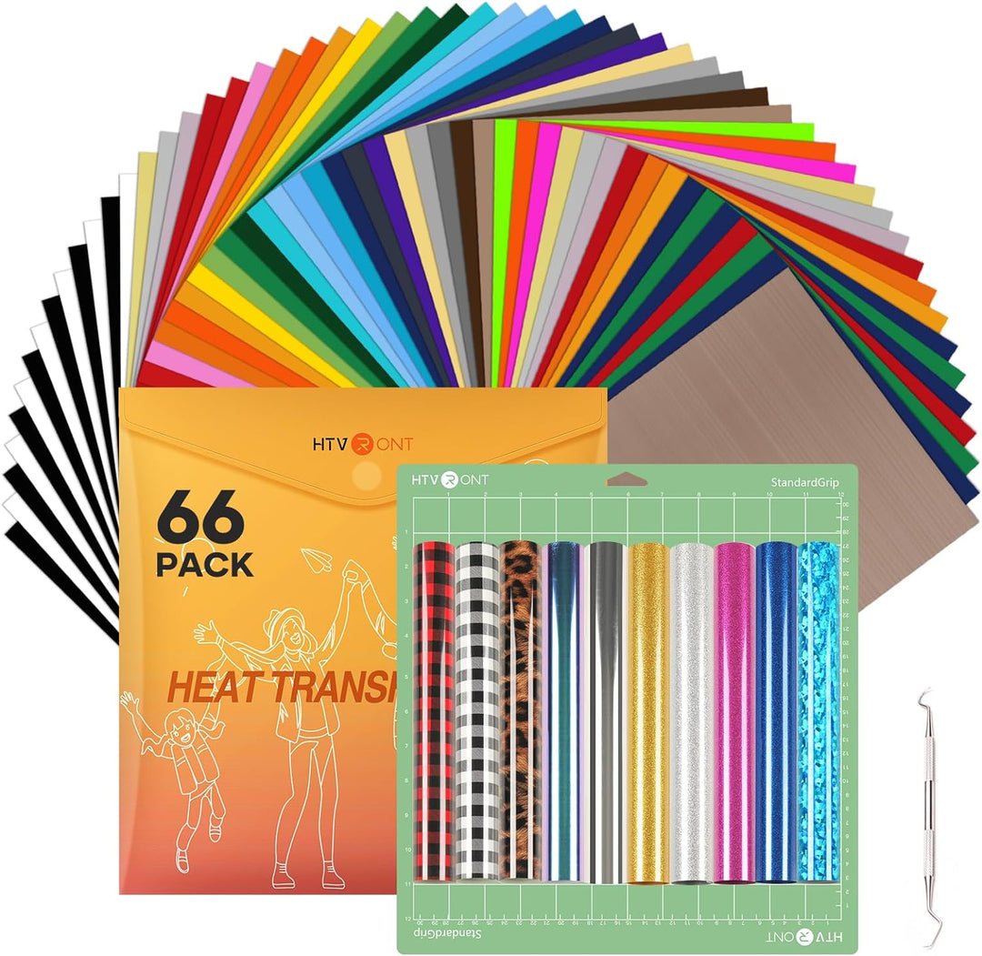 HTVRONT Plotterfolie Textil 66 Pack- Flexfolie Plotter Textil 40 Farben 30.48 cm x 25.4 cm- HTV Viny