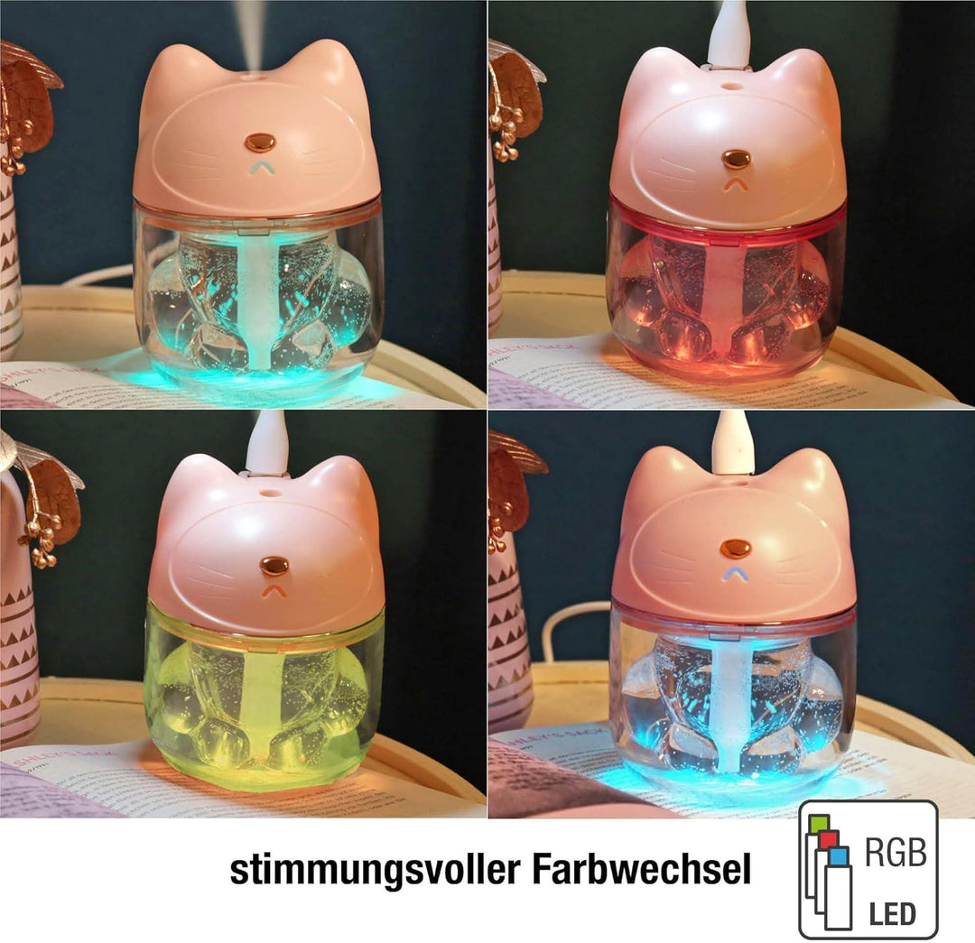 Hellum Luftbefeuchter Katze, tragbar in rosa, Diffuser 9x12cm gross, süsser Luftbefeuchter Kinderzim