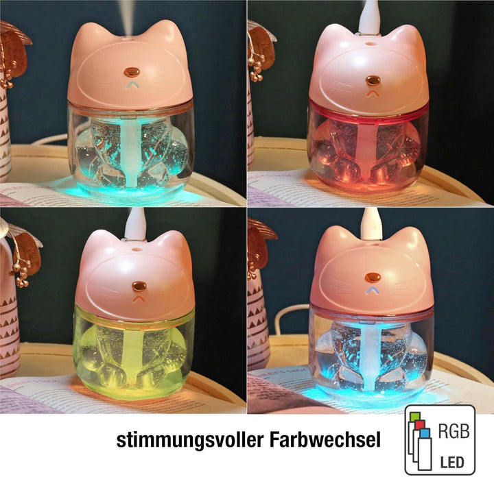 Hellum Luftbefeuchter Katze, tragbar in rosa, Diffuser 9x12cm gross, süsser Luftbefeuchter Kinderzim