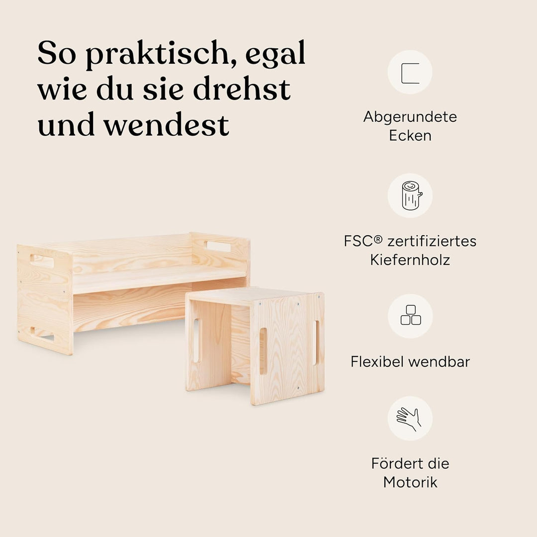 Ehrenkind® Kinder Wendebank | Bank aus Kiefernholz, Montessori-inspiriert, höhenverstellbar & kippsi
