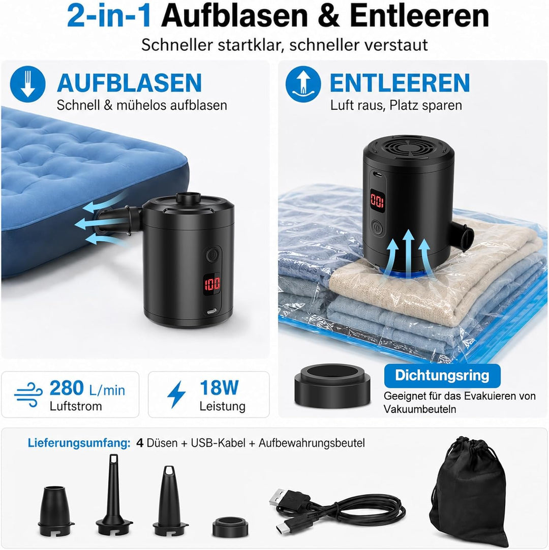 Akku Luftpumpe für Luftmatratze, Lytool 5200mAh Elektrische Mini Luftpumpe Akku mit digitaler Anzeig