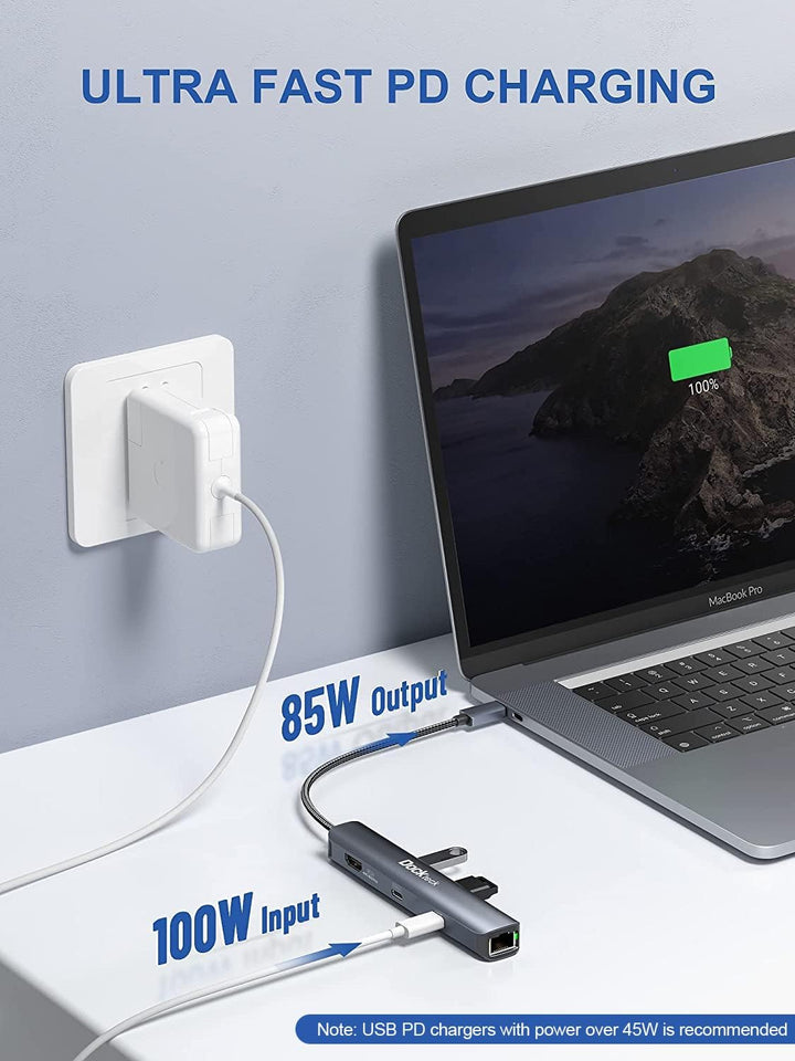 USB C Hub HDMI 4K 60Hz, 6 in 1 Dockteck, Dock Ethernet, MacBook Pro Adapter iPad mit LAN RJ45, 2 USB