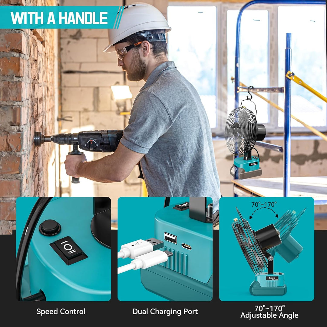 Ecarke Akku-Ventilator 6 Zoll kompatibel mit Makita 18V Akkus, tragbarer Lüfter mit USB- & Typ-C-Ans