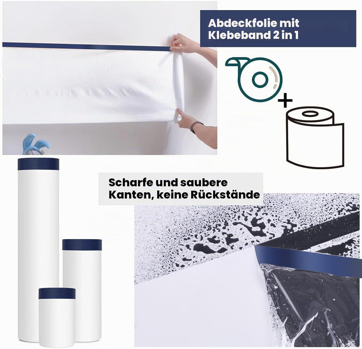 ADHES Abdeckfolie Mit Klebeband, Maler Abdeckfolie Malerband Abdeck-Folie, Malerfolie Malerkrepp Für