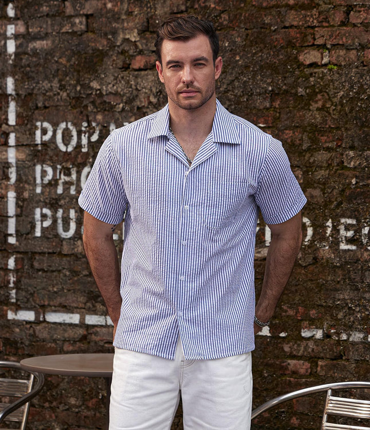 VATPAVE Herren Gestreifte Sommerhemd Casual Button Down Kurzarm Strand HawaiiHemd S Königsblau, S K&