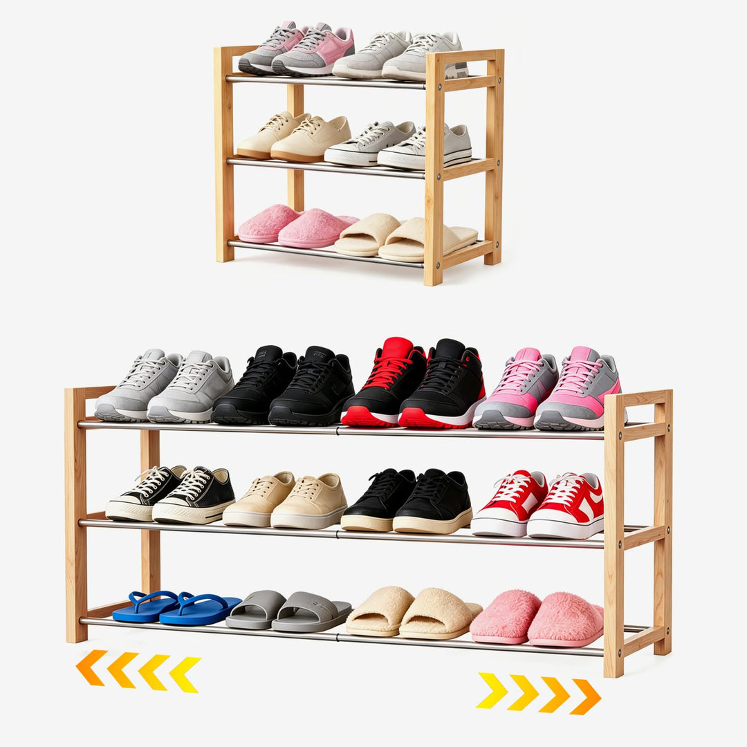 LEMIKKLE Schuhregal Holz Eiche 3-stöckig, Erweiterbar Mit Edelstahl-Elementen, Ideal Für Enge Räume,