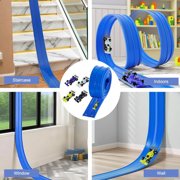 Tragbare Rennbahn für Kinder 5 Meter Flexible Dual-Rennstrecke mit 4 Leichtmetall-Autos, Rampen & Au