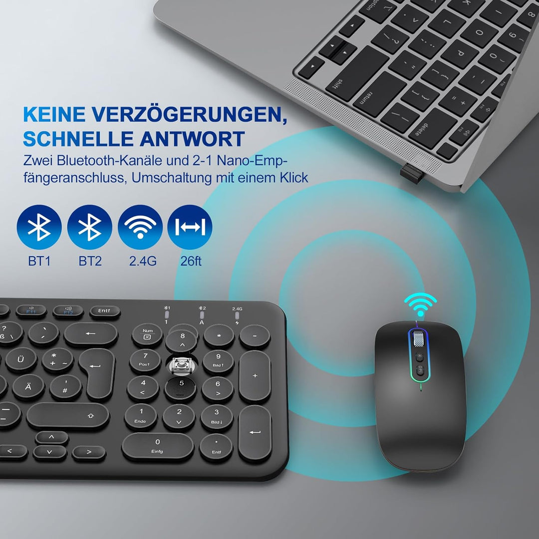 PINKCAT Bluetooth Tastatur Maus Set kabellos, Wiederaufladbare Dualmodus (Bluetooth 5.1+2.4G) Kabell