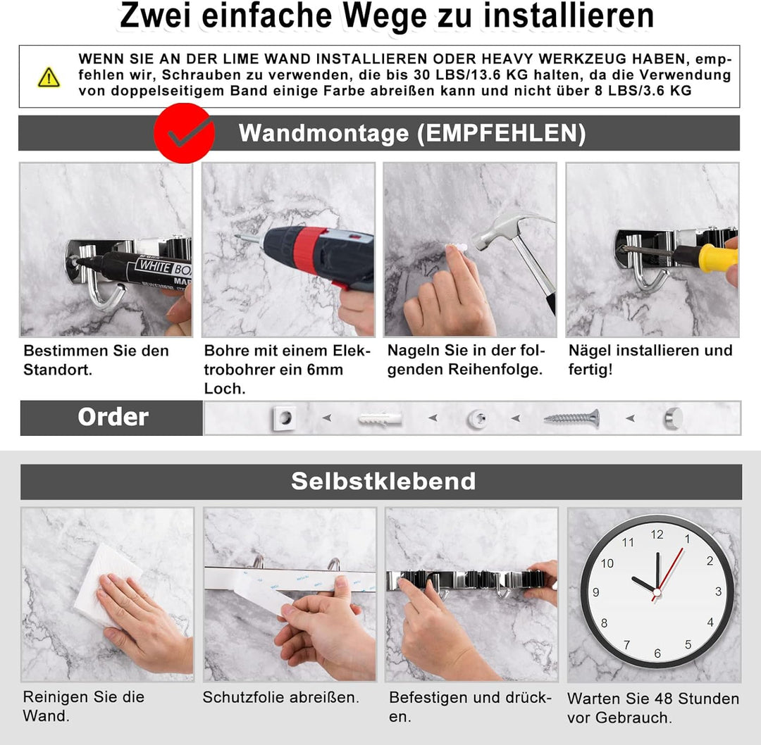 Besenhalterung Wand, 5 Halter + 4 Haken Schwerlast Gerätehalter Selbstklebend, Besenhalter mit Nails