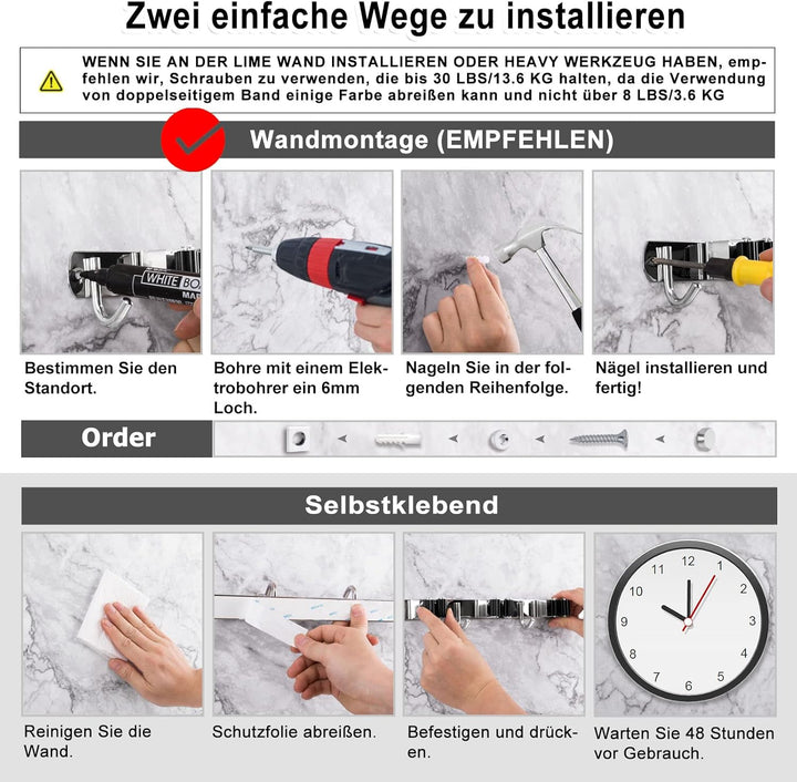 Besenhalterung Wand, 5 Halter + 4 Haken Schwerlast Gerätehalter Selbstklebend, Besenhalter mit Nails