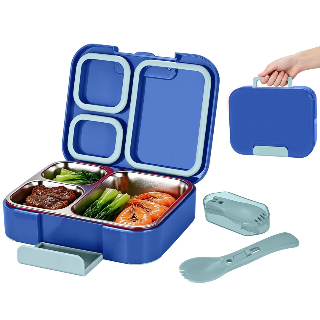 Brotdose mit 3 Fächern, 1100ml Edelstahl-Lunchbox für Kinder und Erwachsene Auslaufsicherer Lebensmi