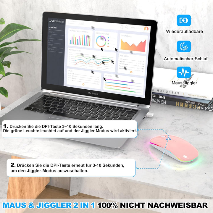 LED Bluetooth Maus Kabellose, Wiederaufladbare Maus für iPad MacBook PC Laptop Computer, Tragbare Sc