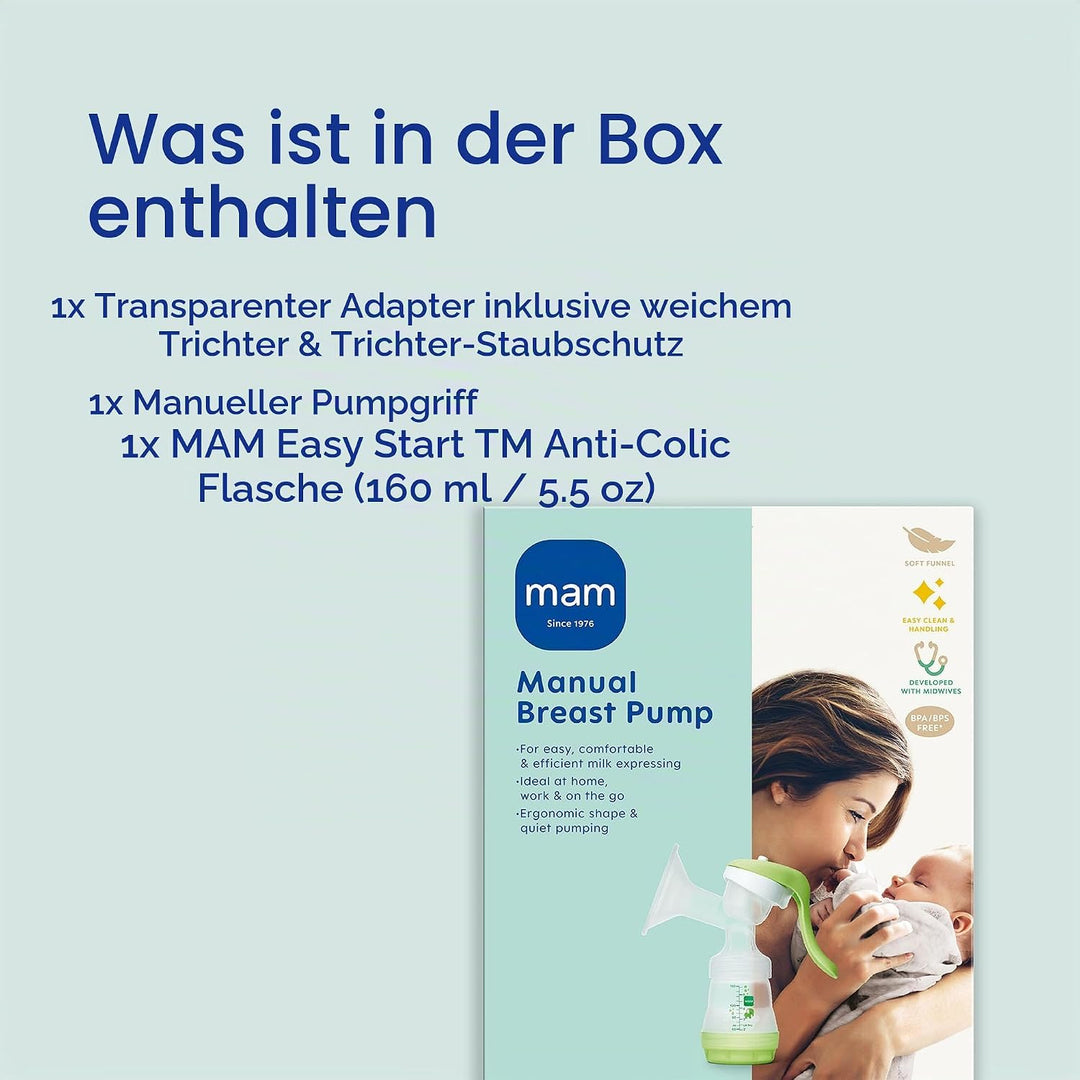 MAM Handmilchpumpe – Komfortable und kompakte Milchpumpe, einzigartig upgradebar – Handpumpe für Mut