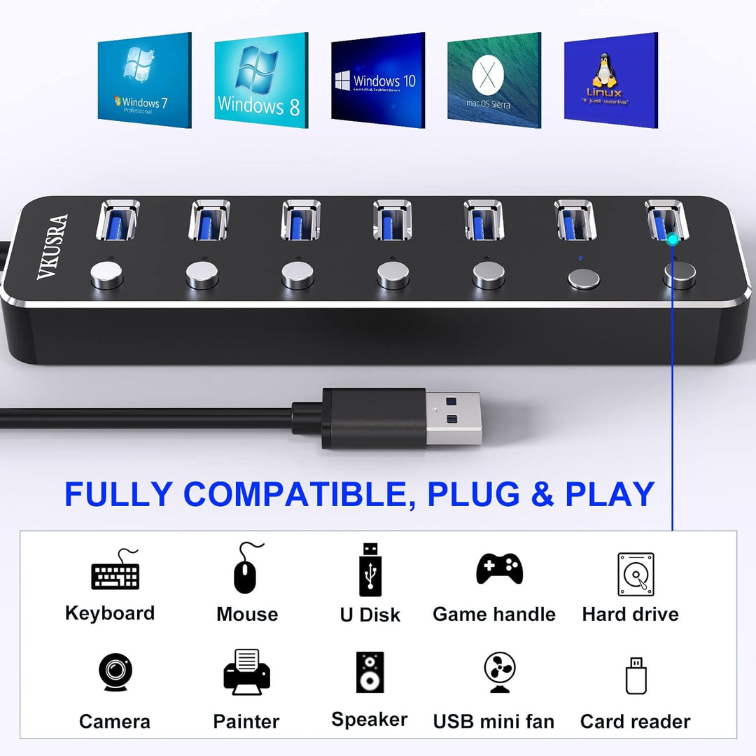 USB Hub 3.0, VKUSRA 7 Port USB Hub Aktiv 3.0 mit 5V/3A Netzteil und Langes Kabel 120cm, Aluminium US