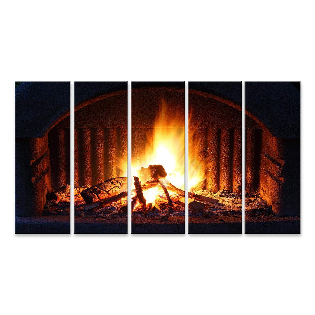 Bild Bilder auf Leinwand Kamin mit Feuer bei Nacht - Aussenaufnahme Wandbild Poster Leinwandbild RCC