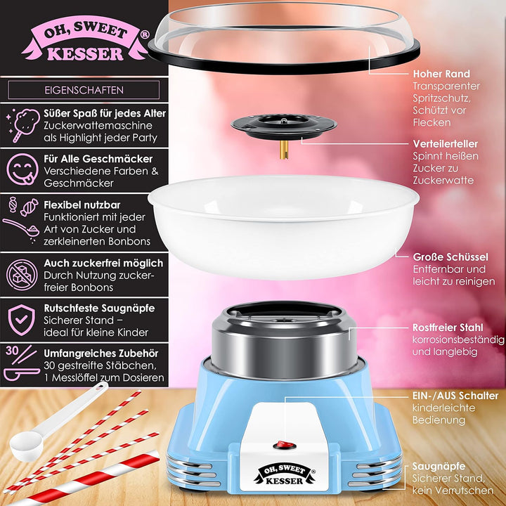 KESSER® Zuckerwattemaschine Set für Dein zuhause - Mit 30x Zuckerwatte Stäbchen & Messlöffel - Retro