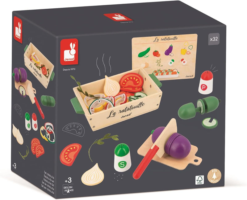 Janod Janod-Ratatouille-Spielset-32 Küchenzubehörteile-Rezept + Utensilien + Gemüse-Rollenspielzeug-