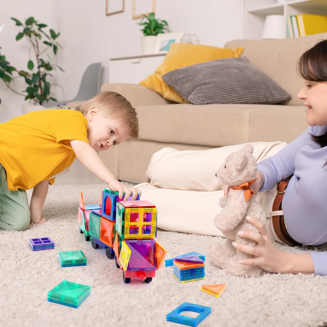 Magnetische Bauklötze Expansion Auto - 4 Grüne und gelbe magnetische Fliesen Auto Set Babyspielzeug,