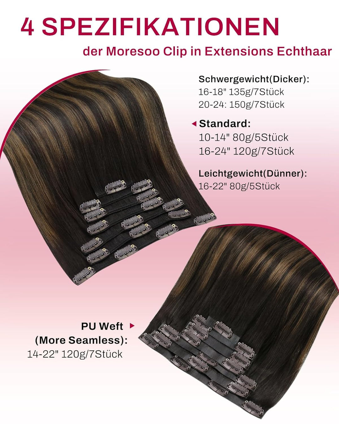 Moresoo Clip in Extensions Echthaar Balayage Braun Haarverlängerung Echthaar Clip Extensions Echthaa