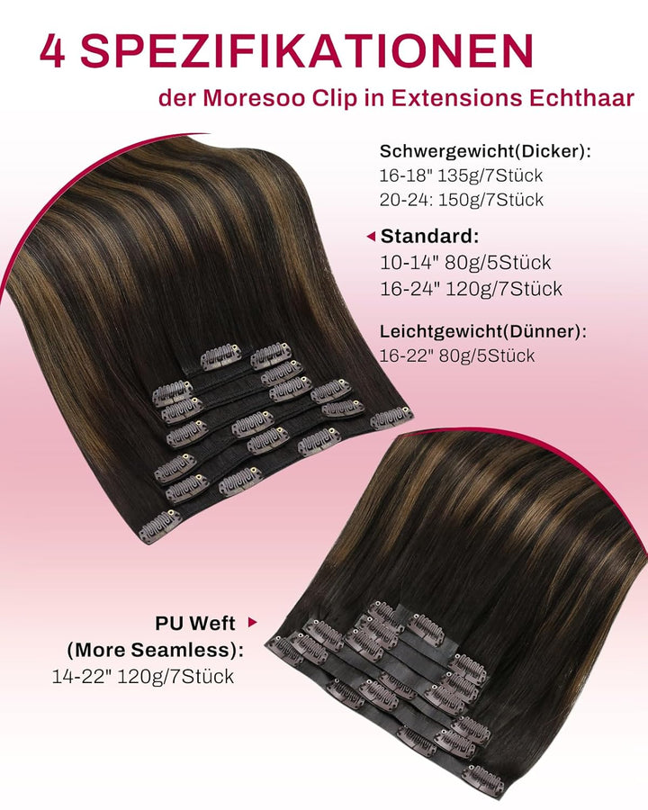 Moresoo Clip in Extensions Echthaar Balayage Braun Haarverlängerung Echthaar Clip Extensions Echthaa