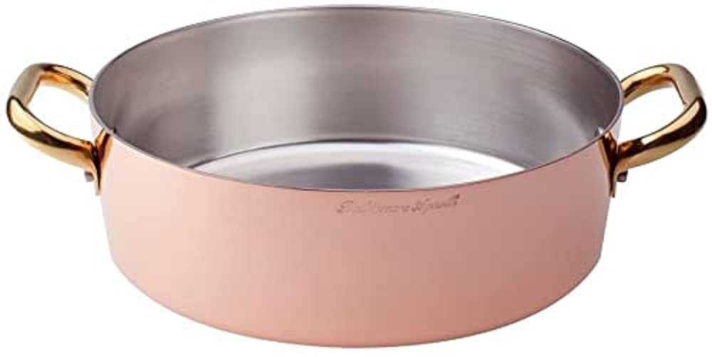 Pentole Agnelli ALCU10624 Niedriger Kupferauflauf mit 2 Messinggriffen, handverzinntes glattes Kupfe