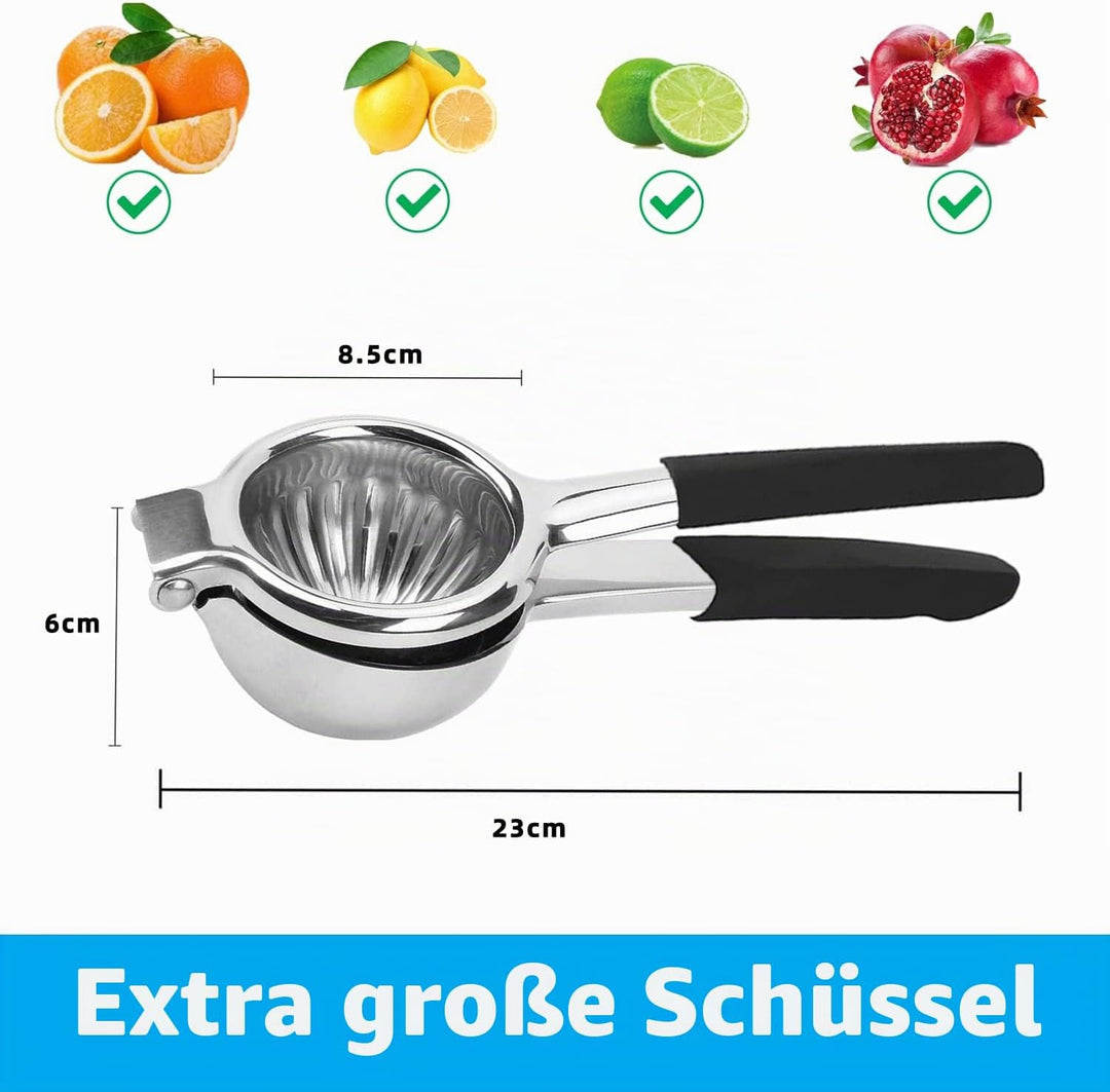 JOYIT Extra grosse Zitronenpresse aus Edelstahl – hochwertige robuste Zitronenpresse mit Silikongrif