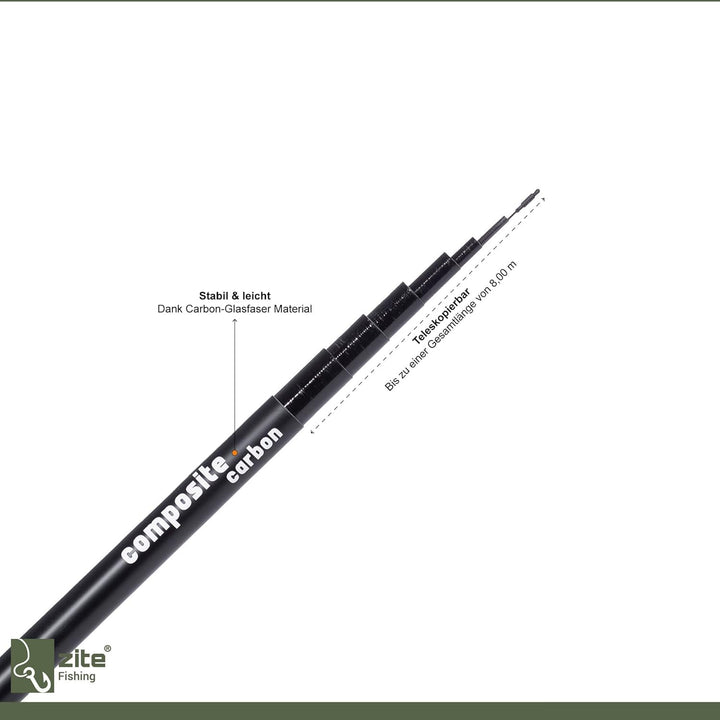 Zite Fishing Stipprute 8m Composite Carbon Stippe Teleskop-Rute - Auch als Geocaching-Angel Einsetzb