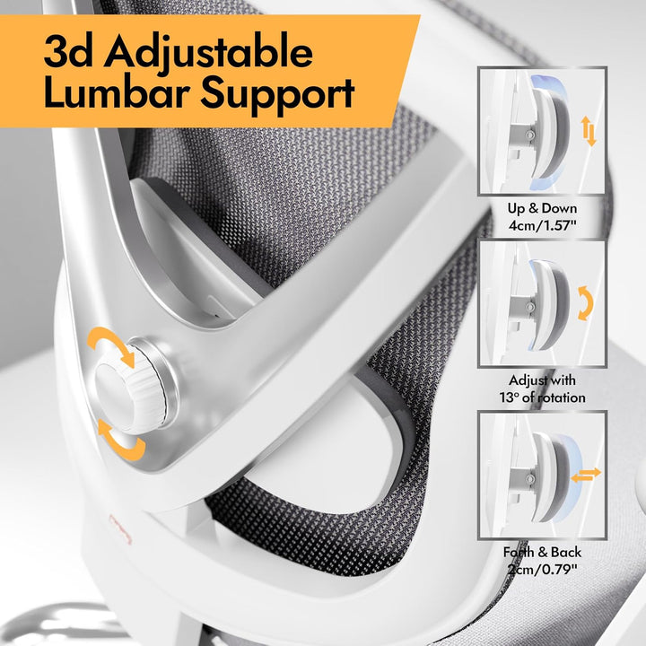 Ergonomischer Bürostuhl mit 3D Lendenstütze & 3D verstellbaren Armlehnen – V-förmiges Rücken-Design,