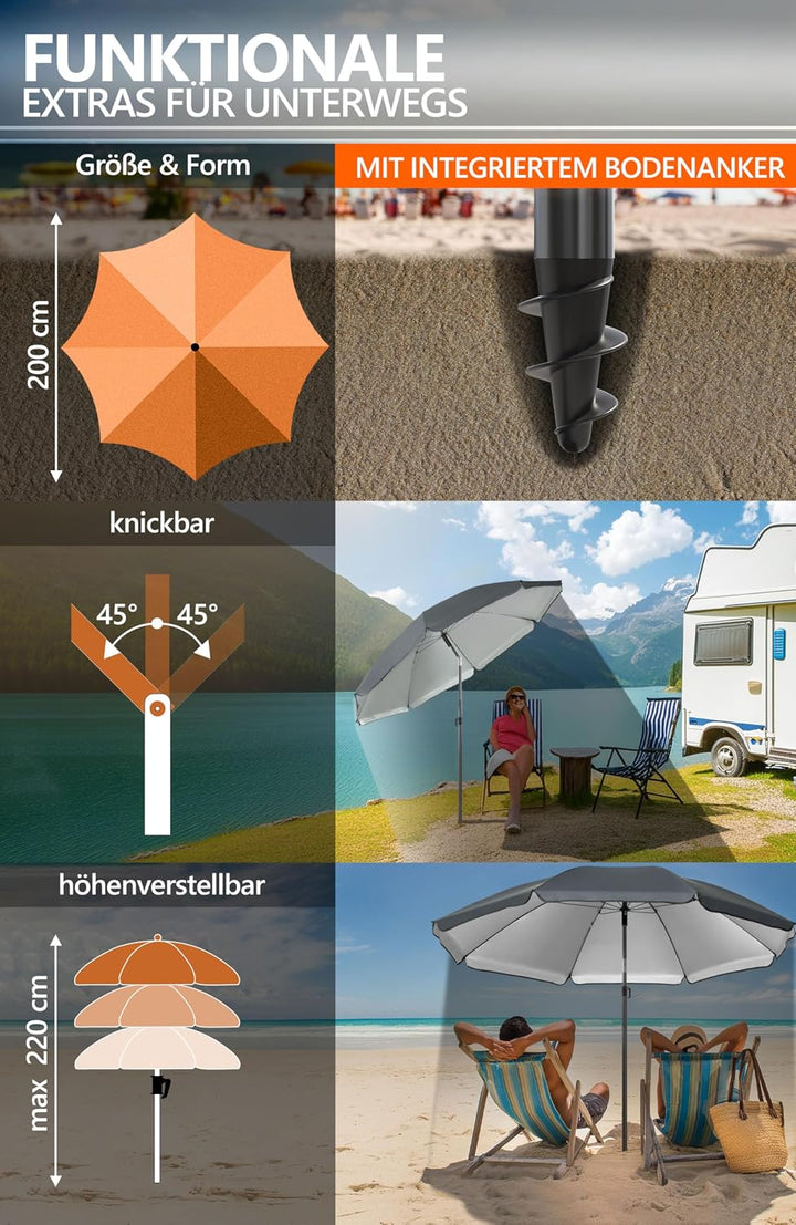4smile Sonnenschirm Strand Ø 200 cm, Anthrazit | UPF 50+ Strandschirm, sicherer Sonnenschutz Strand,