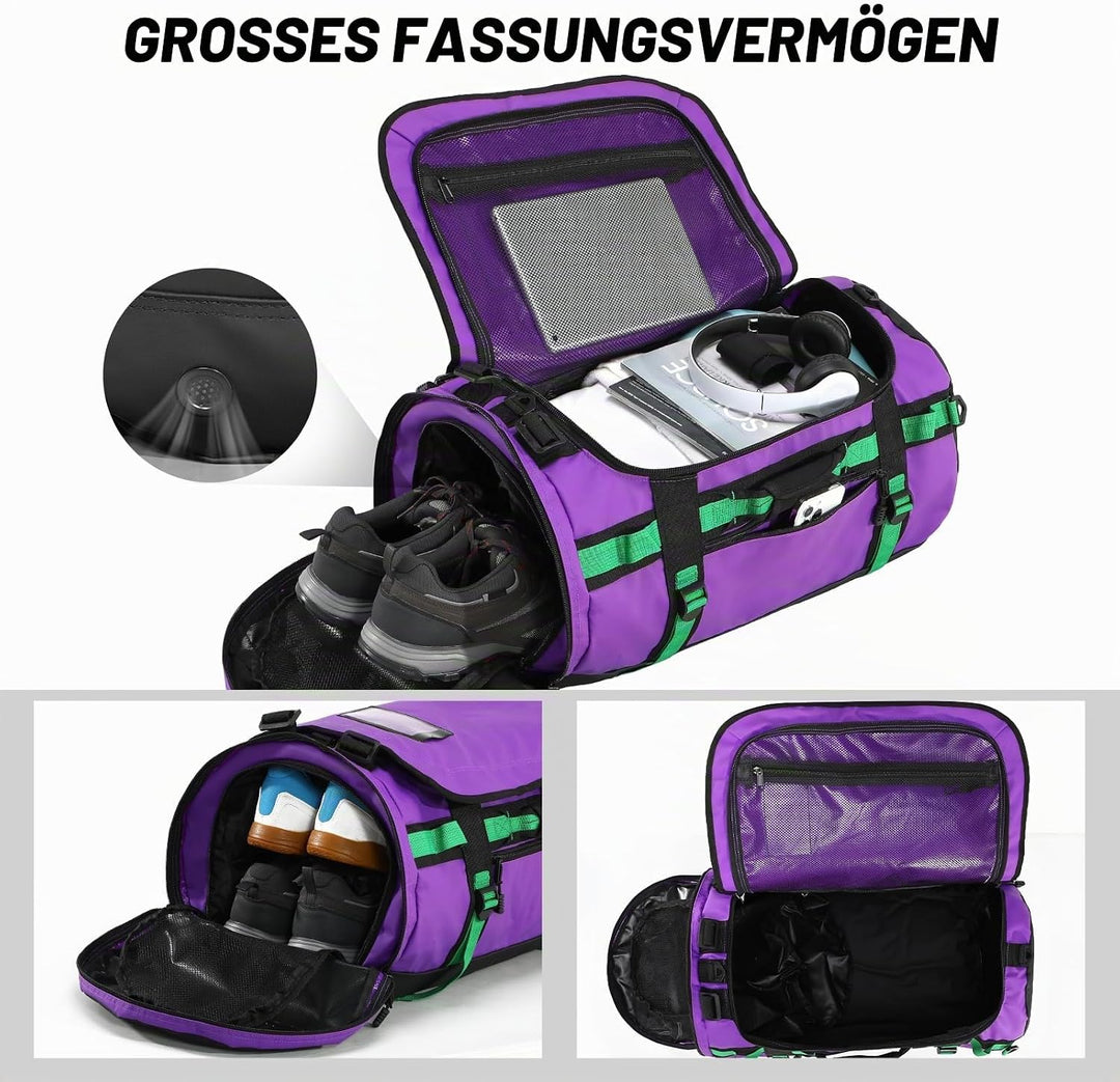MIER Grosse Sporttasche wasserdicht Sportrucksack mit Schuhfach umwandelbar in Rucksack, 45L/60L/90L
