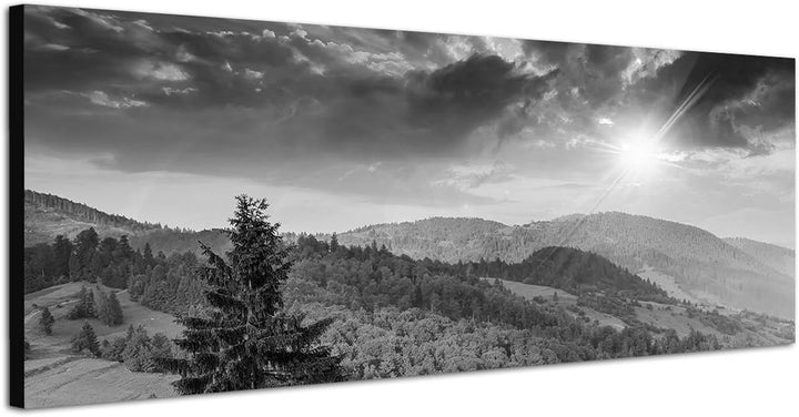 Paul Sinus Art Leinwandfoto als Panorama SCHWARZ/Weiss 150x50cm Berge Wald Wiesen Wolken Sonnenaufga