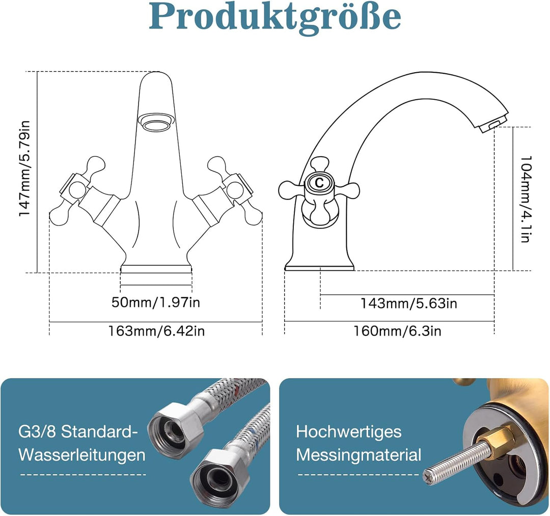 Wasserhahn Bad Antik, Waschtischarmatur Retro Armaturen Waschbecken Mischbatterie Zwei Griffe, Armat