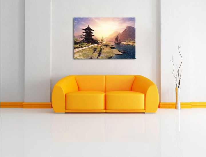 Pixxprint asiatischer Tempel an Fluss als Leinwandbild/Grösse: 100x70 / Wandbild/Kunstdruck/fertig b