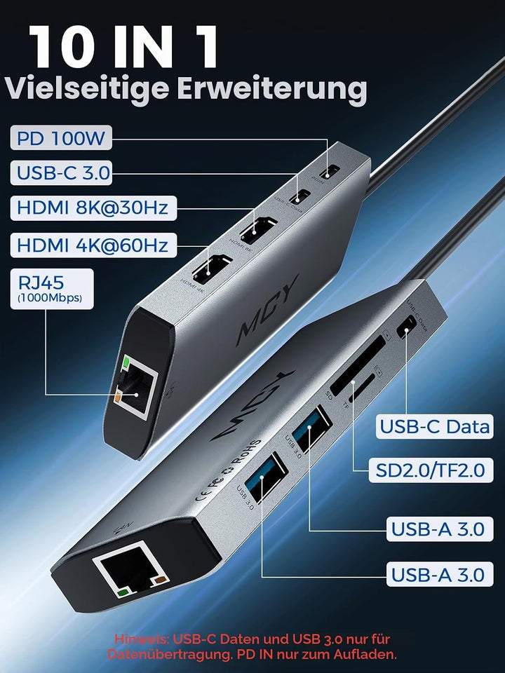 MCY Docking Station Zwei Display, 10 IN 1 USB C Hub 2 HDMI, Gigabit Ethernet, 2 USB C/USB A 3.0 Port