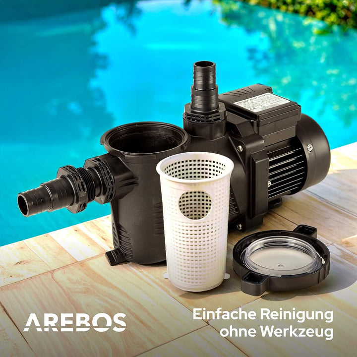 Arebos Schwimmbadpumpe 350W | Filterpumpe mit Vorfilter &amp; 9500 l/h | Poolpumpe für Sandfilteranlage