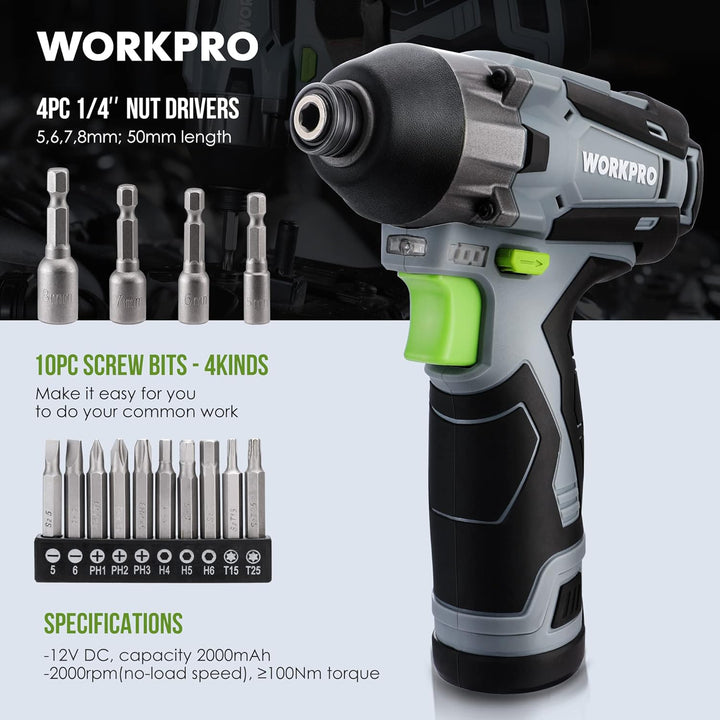 WORKPRO Akku-Schlagschrauber, 12V Schlagschrauber 100 Nm 2000 U/min, 1/4”Spannfutter, mit 2,0 Ah Akk