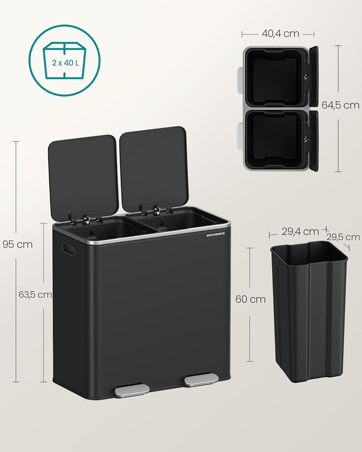 SONGMICS Mülleimer, 2 x 40 Liter, 2 Fächer, Mülltrennsystem, Treteimer, Abfalleimer Küche, 15 Müllsä