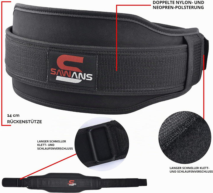 Gewichthebergürtel Neopren 14cm Mit Dual Widerstand für Kniebeugen XL Schwarz, XL Schwarz