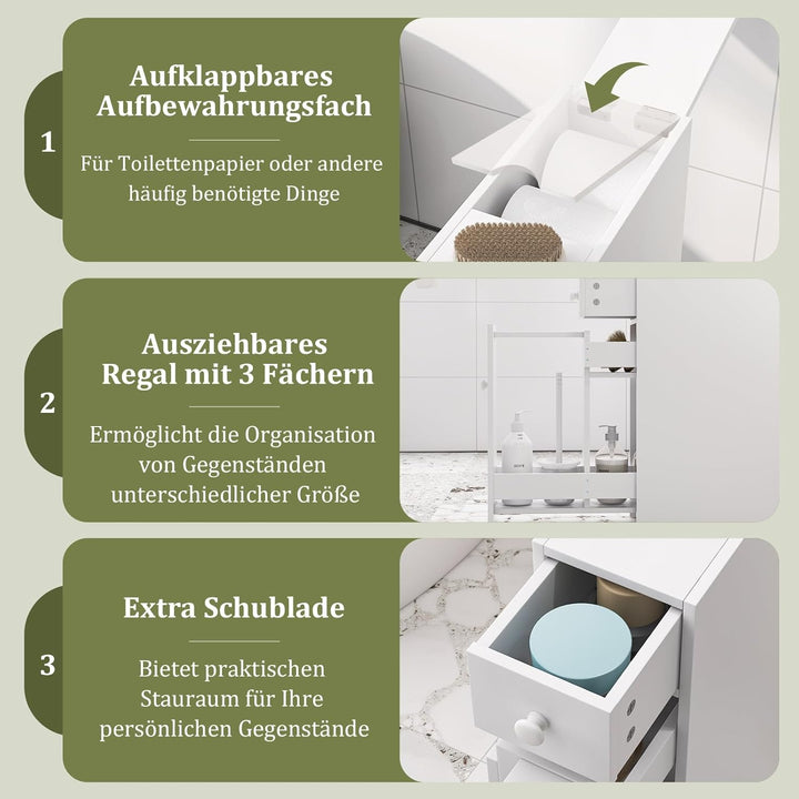 COSTWAY Nischenregal mit Schubladen, schmaler Nischenschrank aus Holz, Badschrank, Badregal, Seitens
