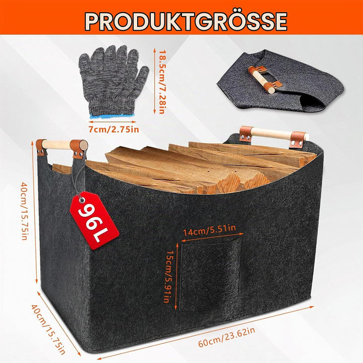 Kaminholzkorb Filz XXL(96L, 60x40x40cm), Holzkorb für Kaminholz Gross, Extra Dicker Filz, Faltbarer