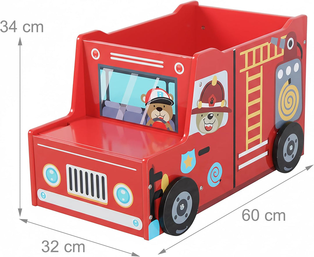 Relaxdays Spielzeugkiste Feuerwehr, Kinderzimmer, HBT: 34 x 60 x 32 cm, Spielzeugbox mit Stauraum &