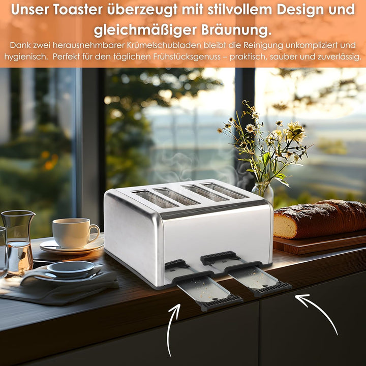 Toaster Langschlitz | Digitales Display mit Countdown | Beleuchtete Tasten | 4 Scheiben Toastautomat