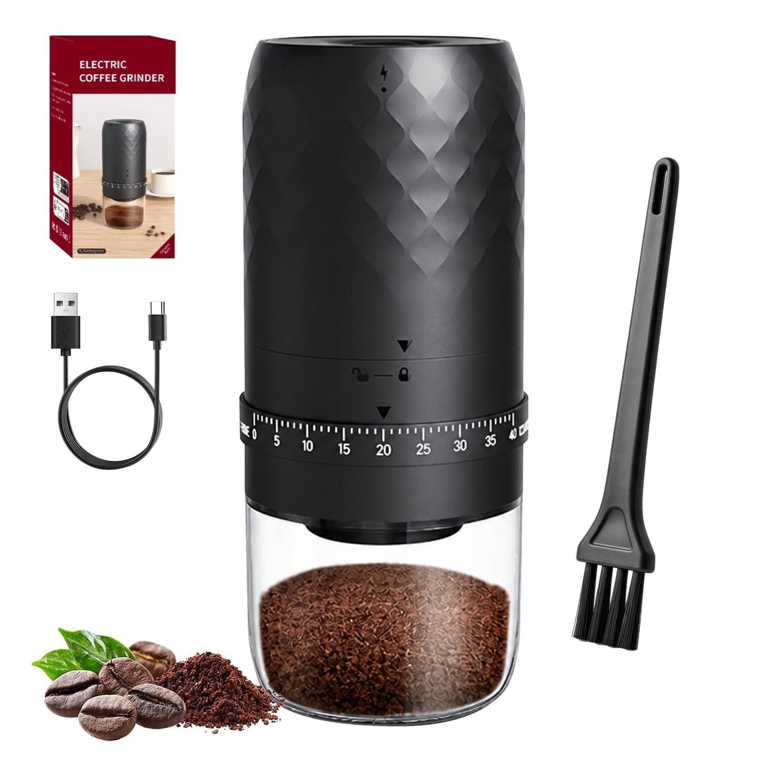 Kaffeemühle Elektrisch, tragbar mit Kegelmahlwerk und 5 einstellbaren Mahlgraden, USB Schnellladung