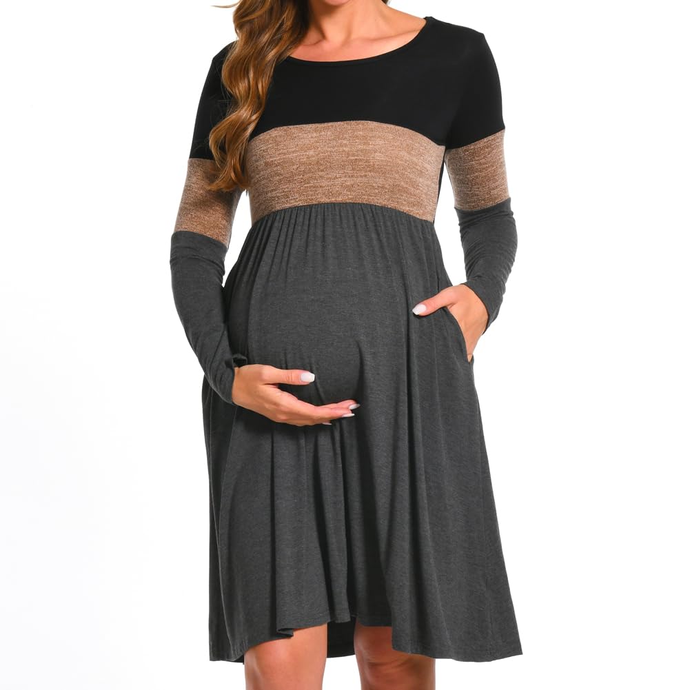 Bearsland Women’s Long Sleeve Maternity Dresses Patchwork Pregnancy Dress with Pocket XXL Brown, XXL
