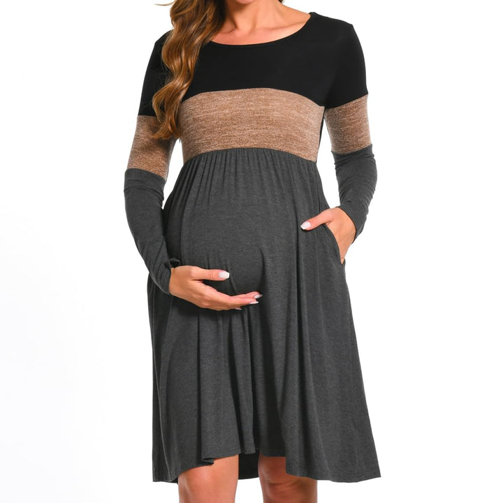 Bearsland Women’s Long Sleeve Maternity Dresses Patchwork Pregnancy Dress with Pocket XL Brown, XL B